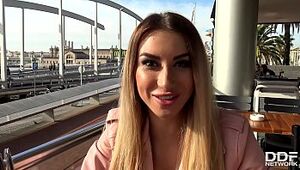 Slim college babe Katrin Tequila blows horny tourist's veiny monster cock