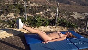 After yoga Russian star Merry Pie fingers her nice cunt outdoors